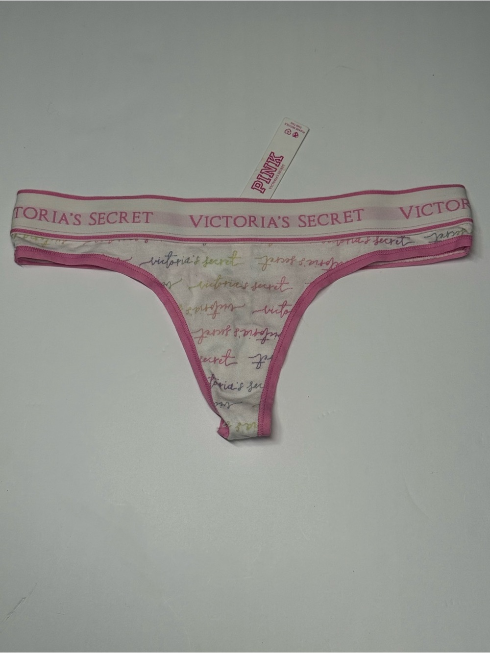 PINK- Victoria's Secret Pink White & Pink Logo Trim Thong